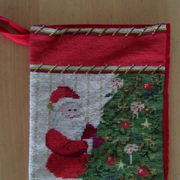 Red & green vintage needlepoint Christmas 14" stocking - Santa, toys and tree - Picture 3 of 7